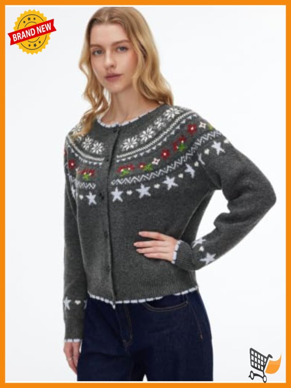 Floral Fair Isle Button Down Crewneck Cardigan Cozy Sweater - Picture 4 of 5